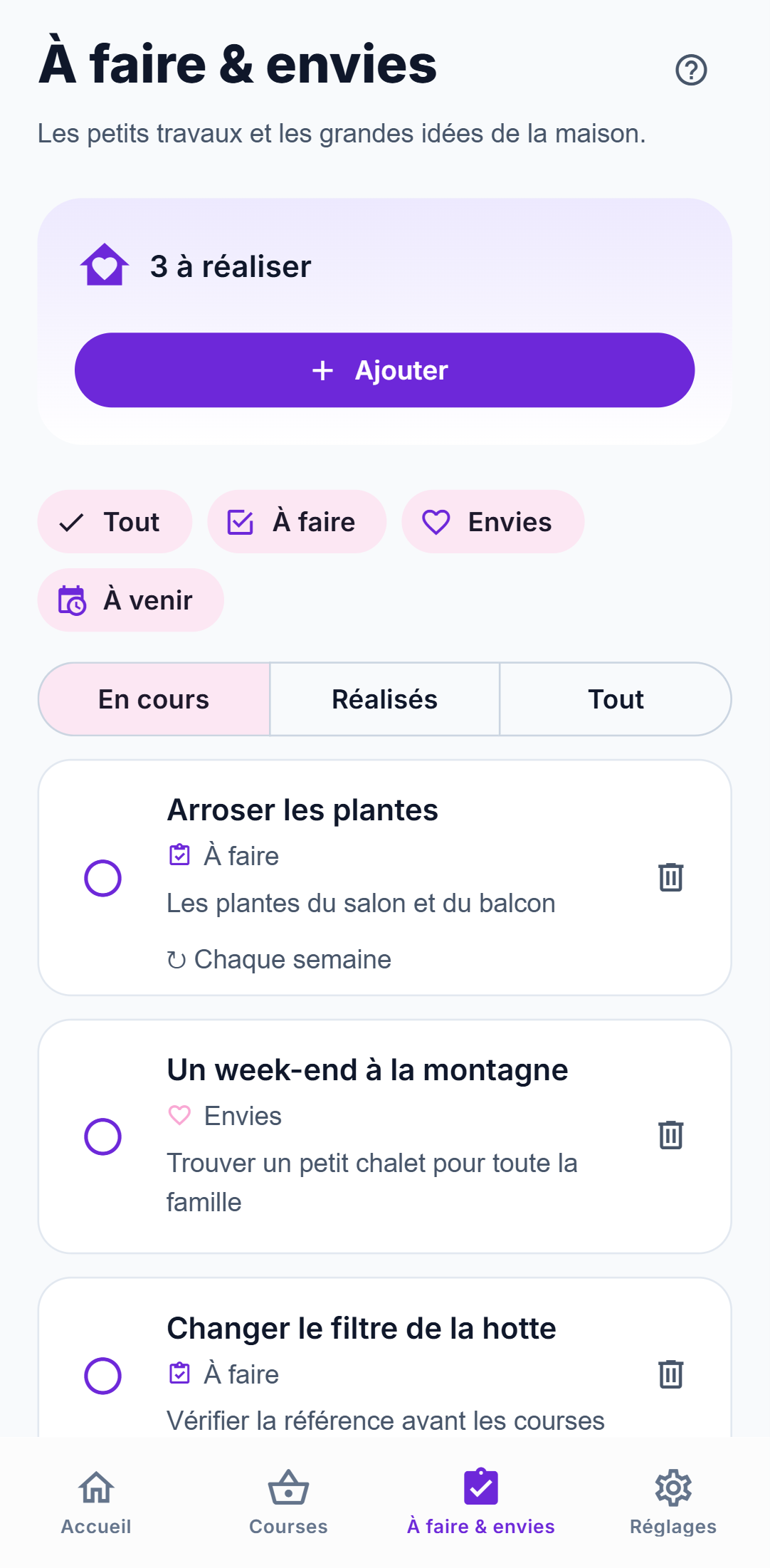 Les tâches et envies du foyer
